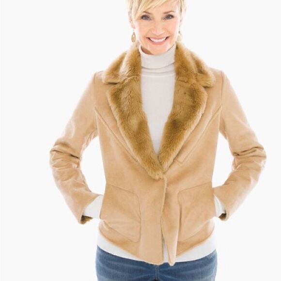 Chico’s Tan Faux Shearling and Faux Suede Leather Jacket Size Small - Picture 1 of 15
